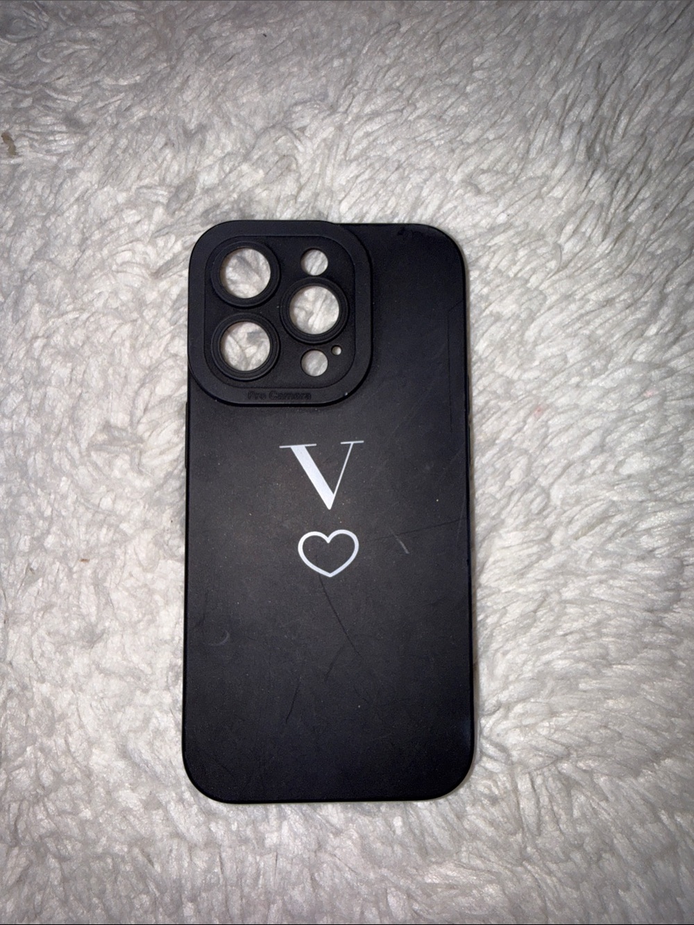 Black Phone Case with White 'V' and Heart Design